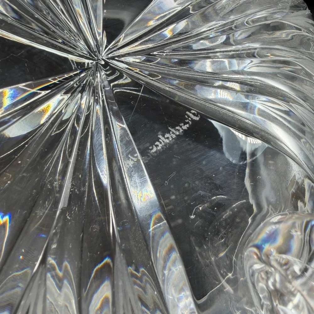 Signed Heavy Clear Crystal‎ Footed Bowl Etched Starburst Pattern Vintage Decor